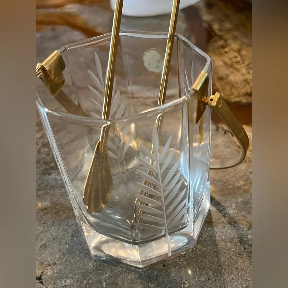 Vintage Ice Bucket with Tongs Miniature Approx. 4” Tall Fern Leaf 🍃 Design